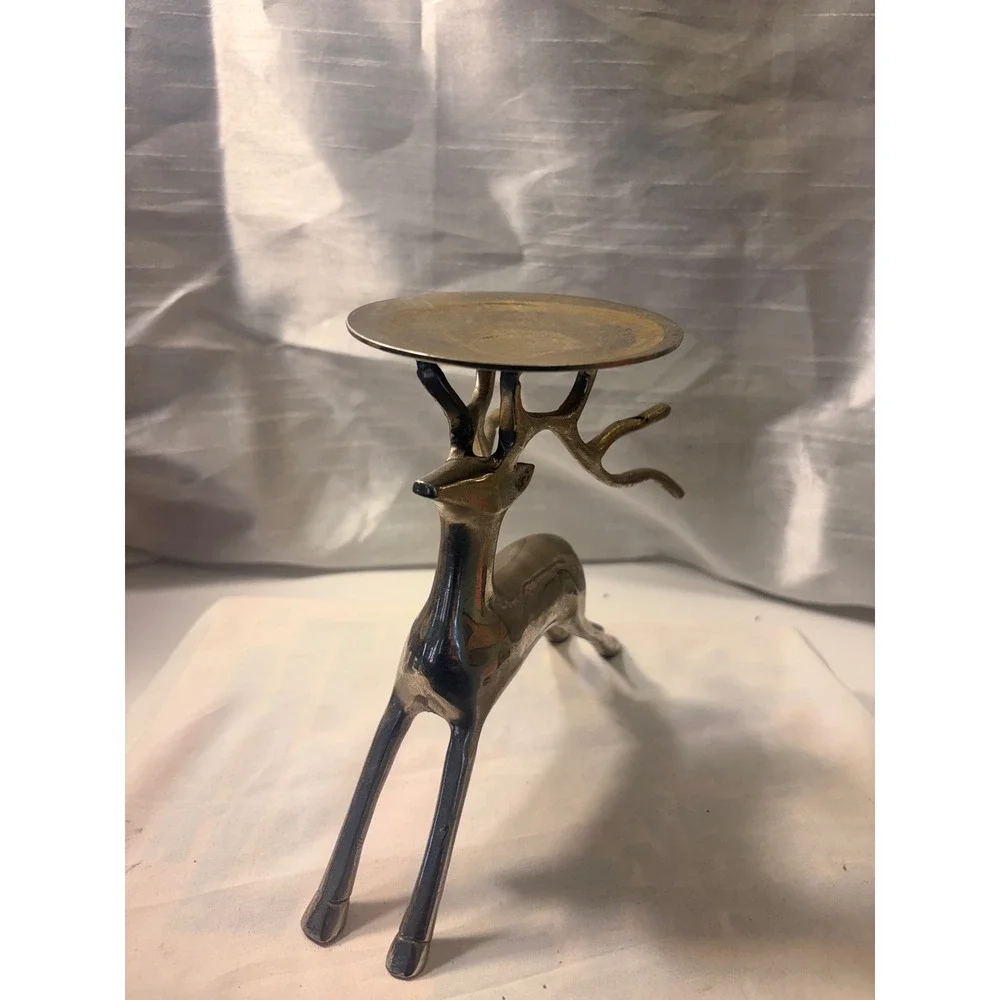 Vintage Silver Tone Metal Reindeer Stag Pillar Candle Holder 6.5 Inch Holiday